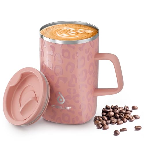 Ideus Vacuum Insulated Coffee Mug 16oz Reusable Stainless Steel Thermal Double Walled cup with Handle and Slider Lid for Hot Cold Beverages BPA Free Leapord Pink - Image 1