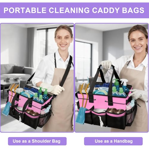 ALSLEA Cleaning Caddy Bag Heavy-Duty Organizer Tote for Housekeepers, Janitors & Home Cleaning Supplies with Adjustable Shoulder Strap & Multiple Pockets (Pink) - Image 5