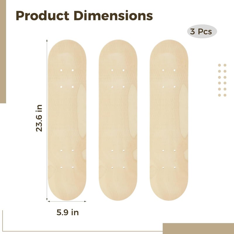 3 Pcs Blank Skateboard Decks, Unfinished Wood Art Boards for DIY Custom Graffiti, 23.6 x 5.9 in Skateboard Deck Set with Pre-Drilled Holes for Art Painting Home Decoration - Image 4