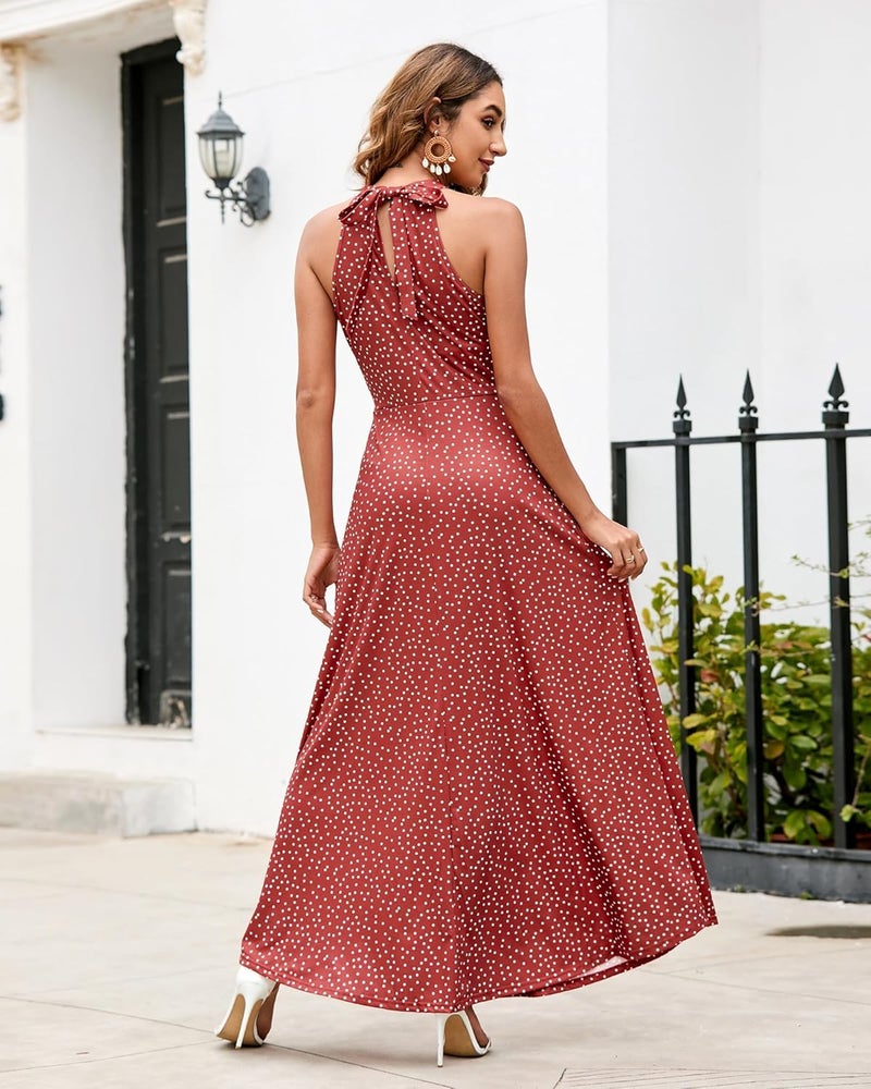 STYLEWORD Women's 2026 Fashion Summer Spring Beach Vacation Red Polka Dot Casual Garden Party Maxi Long Halter Dress Trendy(Floral 33,L) - Image 4