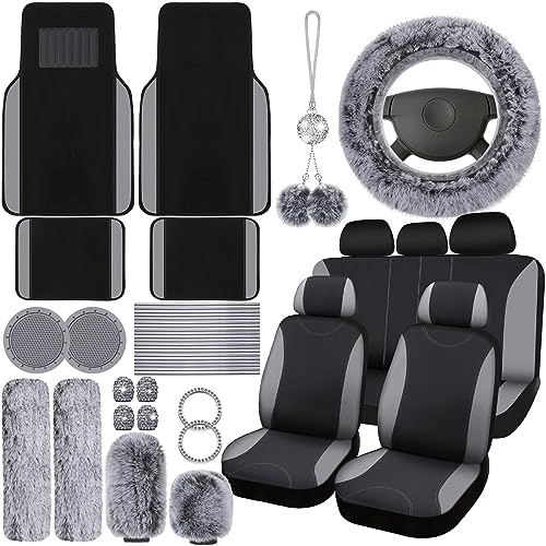 Woanger 47 Car Seat Cover Full Set for Women Included Car Front Rear Seat Fluffy Steering Wheel Cover Belt Automotive Floor Mats Air Conditioner Decoration Strip Universal(Gray) - Image 1