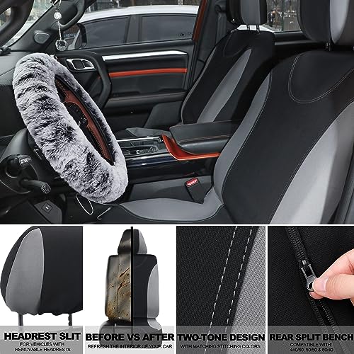 Woanger 47 Car Seat Cover Full Set for Women Included Car Front Rear Seat Fluffy Steering Wheel Cover Belt Automotive Floor Mats Air Conditioner Decoration Strip Universal(Gray) - Image 3