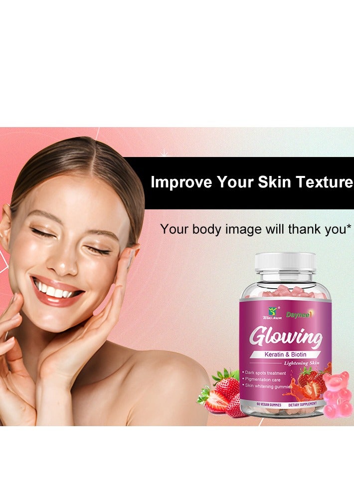 Daynee Glowing Keratin & Biotin Lightening Skin Dark Spots Treatment Pigmentation Care Skin Whitening Gummies  60 Vegan Gummies Dietary Supplement - Image 4
