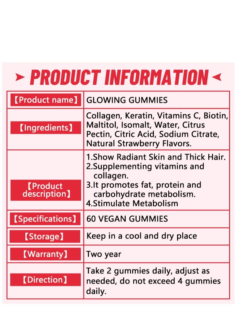 Daynee - Collagen Glow Anti-Aging Skin Whitening Vitamins Strawberry Flavor With L-Glutathione & Collagen & Biotin Hydrated Youthful Skin Glow and Spots Fading Anti-Aging 60 Vegan Gummies - Image 1