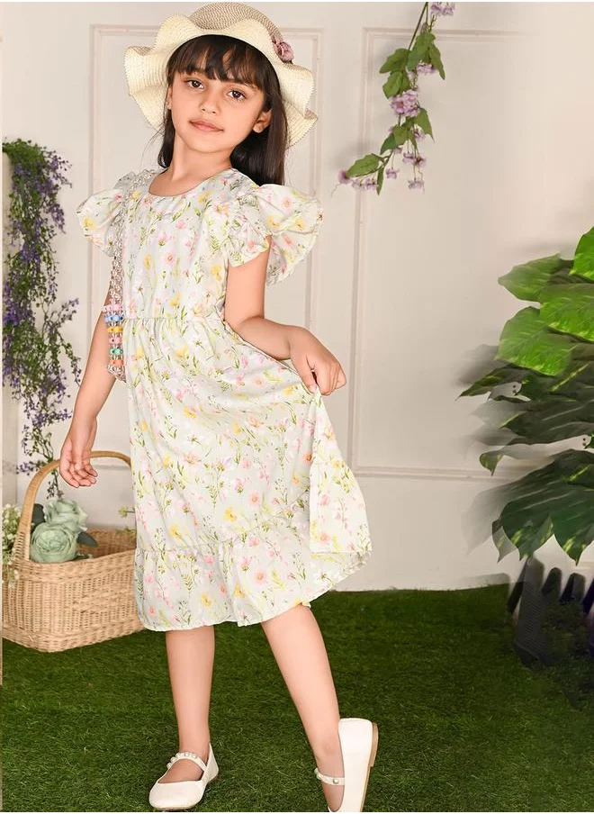 ليلك Floral Printed White Dress for Girls