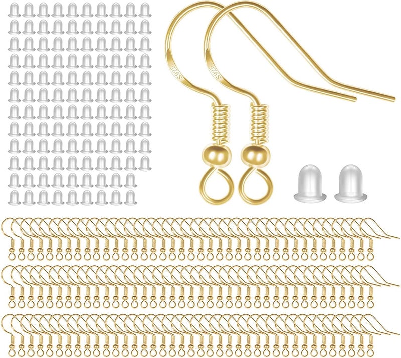 MENKEY 925 Sterling Gold Earring Hooks 120 PCS/60 Pairs, Ear Wires Fish Hooks, Hypo-allergenic Jewelry Findings Parts with 120 PCS Clear Silicone Earring Backs Stoppers - Image 1