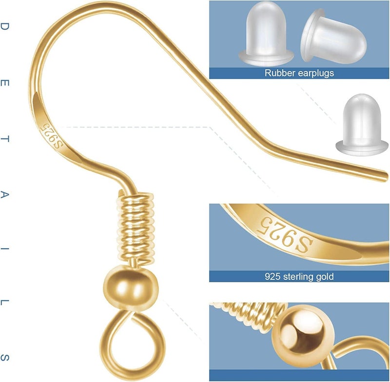 MENKEY 925 Sterling Gold Earring Hooks 120 PCS/60 Pairs, Ear Wires Fish Hooks, Hypo-allergenic Jewelry Findings Parts with 120 PCS Clear Silicone Earring Backs Stoppers - Image 3