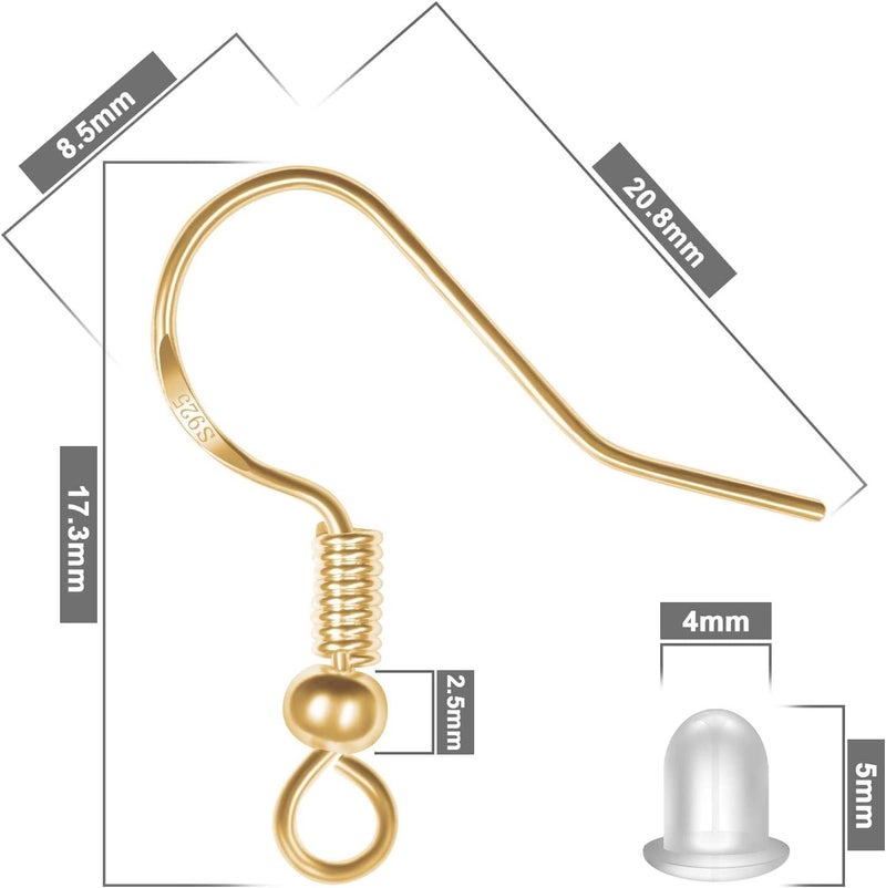 MENKEY 925 Sterling Gold Earring Hooks 120 PCS/60 Pairs, Ear Wires Fish Hooks, Hypo-allergenic Jewelry Findings Parts with 120 PCS Clear Silicone Earring Backs Stoppers - Image 2