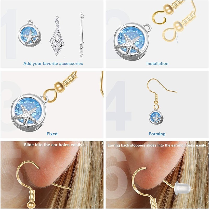 MENKEY 925 Sterling Gold Earring Hooks 120 PCS/60 Pairs, Ear Wires Fish Hooks, Hypo-allergenic Jewelry Findings Parts with 120 PCS Clear Silicone Earring Backs Stoppers - Image 4