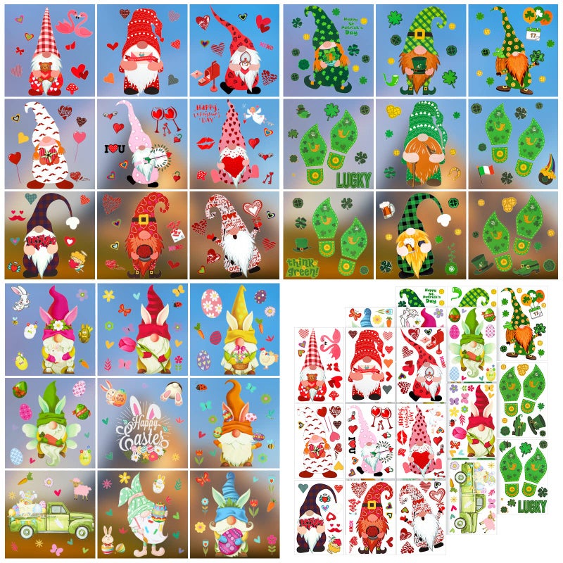 Yinder 27 Sheets Valentine's Day Window Clings Decorations St. Patrick's Day Window Clings Shamrock Gnome Window Decals Irish Clover Window Decoration Easter Bunny Eggs Window Stickers for Home Party - Image 1