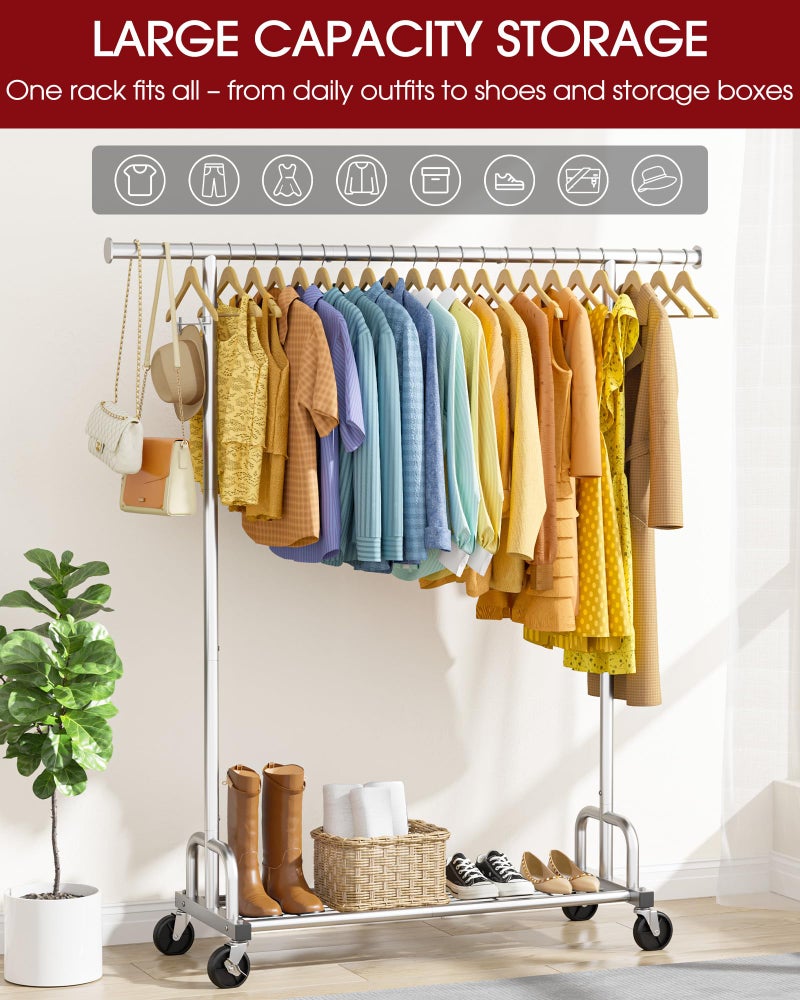 Sakugi Clothes Rack - Large-Capacity Clothing Racks for Hanging Clothes with Lockable Wheels, Space-Saving Metal Coat Rack for Bedroom, Laundry Room, Entryway, 45.6" x 16.9" x 59", Silver - Image 2