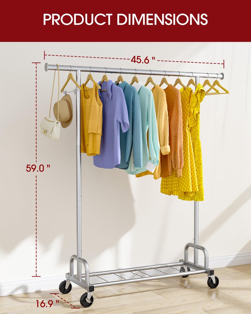 Sakugi Clothes Rack - Large-Capacity Clothing Racks for Hanging Clothes with Lockable Wheels, Space-Saving Metal Coat Rack for Bedroom, Laundry Room, Entryway, 45.6" x 16.9" x 59", Silver - Image 3