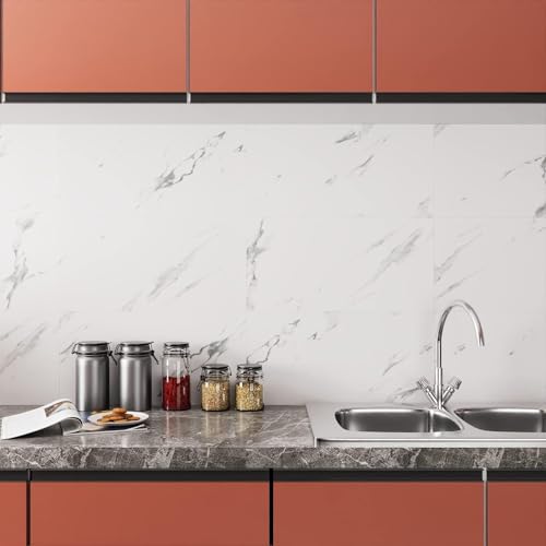 HOMSUN Vinyl Flooring Stickers, Peel and Stick, Waterproof Marble Design Wallpaper Tiles for Walls, Bathroom, Kitchen and Living Room (2 Feet x 12 Feet, Matt White) - Image 5