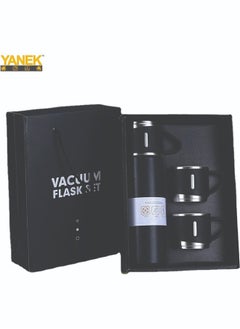 يانيك قارورة ترمس من الفولاذ المقاوم للصدأ سعة 500 مل من YANEK بمقبض سيليكون وزجاجة مياه معزولة مع كوبين من الفولاذ المقاوم للصدأ للسفر في الهواء الطلق الساخن والبارد | صندوق هدايا (عبوة واحدة، أسود)  - Image 2