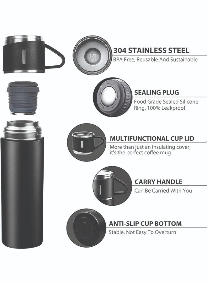 YANEK YANEK 500ml Stainless Steel Vacuum Thermos flask with Silicone Handle and Insulated Water bottle with 2 stainless steel cups set for Hot and Cold Outdoor travel | Gift box (1 PACK, BLACK)  - Image 3