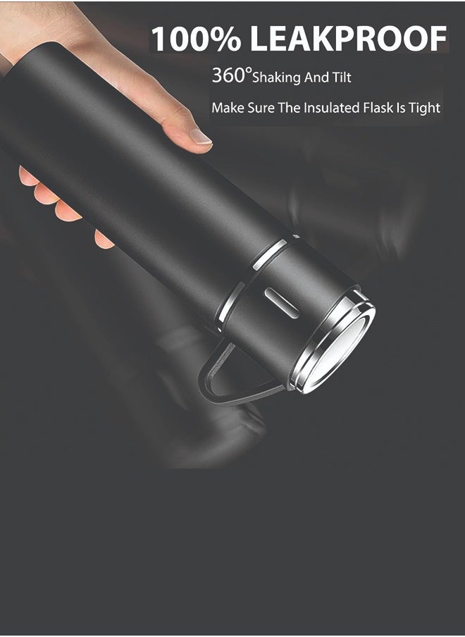 YANEK YANEK 500ml Stainless Steel Vacuum Thermos flask with Silicone Handle and Insulated Water bottle with 2 stainless steel cups set for Hot and Cold Outdoor travel | Gift box (1 PACK, BLACK)  - Image 4