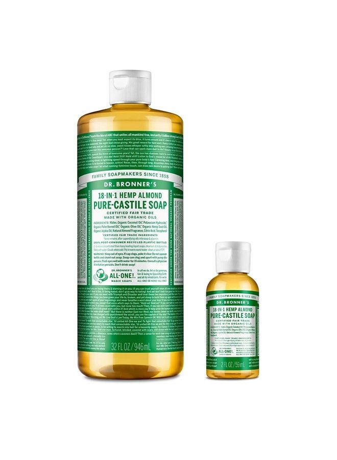 Dr. Bronner's Pure-Castile Liquid Soap – Almond Bundle. 32 oz. Bottle and 2 oz. Travel Bottle - Image 1