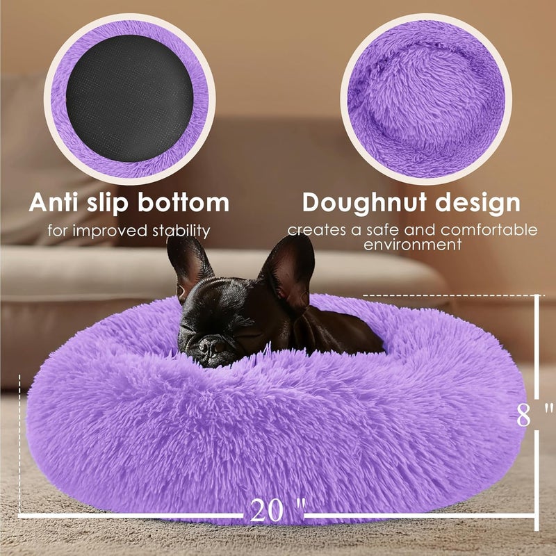 Hoewina Dog & Cat Bed, 20in Cat Beds for Indoor Cats, Calming Donut Bed for Puppy and Kitten, Washable Round Fluffy Pet Bed for Small Medium Dogs and Cats (Purple) - Image 3