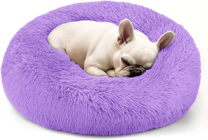 Hoewina Dog & Cat Bed, 20in Cat Beds for Indoor Cats, Calming Donut Bed for Puppy and Kitten, Washable Round Fluffy Pet Bed for Small Medium Dogs and Cats (Purple) - Image 1