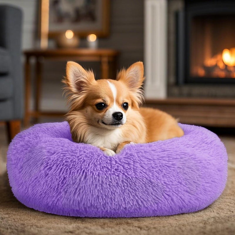 Hoewina Dog & Cat Bed, 20in Cat Beds for Indoor Cats, Calming Donut Bed for Puppy and Kitten, Washable Round Fluffy Pet Bed for Small Medium Dogs and Cats (Purple) - Image 5