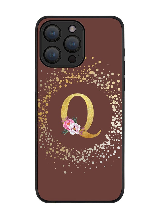 Stylizedd Cover for iPhone 15 Pro Case Rugged Black Slim fit Flexible Protective Phone CasesCustom Monogram Initial Letter Floral Pattern Alphabet - Q (Brown) - Image 1