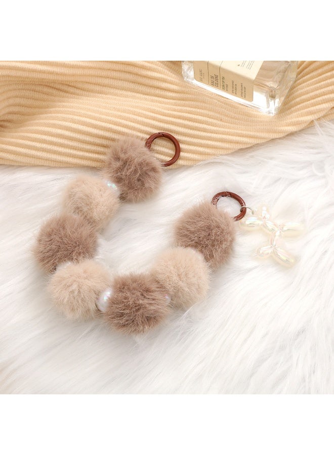 NIBEMINENT Phone Charm/ Chain Strap for Women Girls, Dopamine Color Plush Ball Cell Phone Case Lanyard Wrist Strap,K939/Khaki