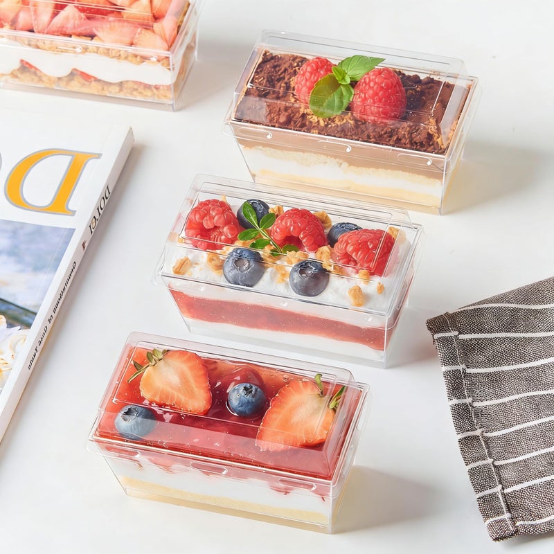 Qeirudu 5 Oz Mini Dessert Cups with Lids, 50 Pack Clear Rectangle Parfait Cups, Small Plastic Serving Bowls for Tiramisus, Cakes, Mousses, Puddings - Image 4