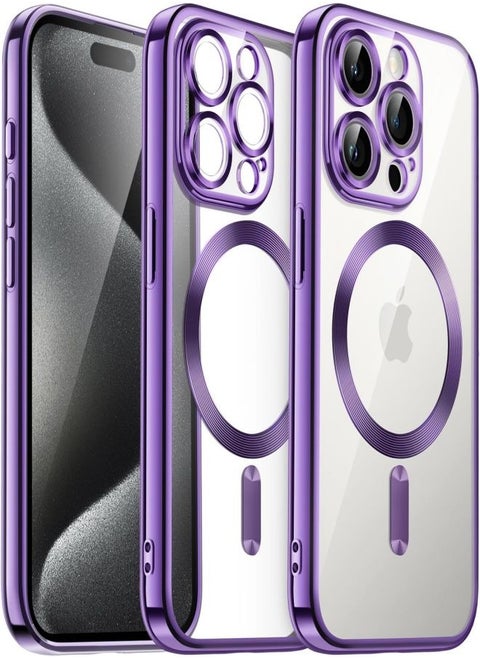 MagSafe Case Magnetic Clear Soft TPU Plating Case Wireless Charging Compatible Shockproof Camera Lens Protection For Apple iPhone 15 Pro Max Purple