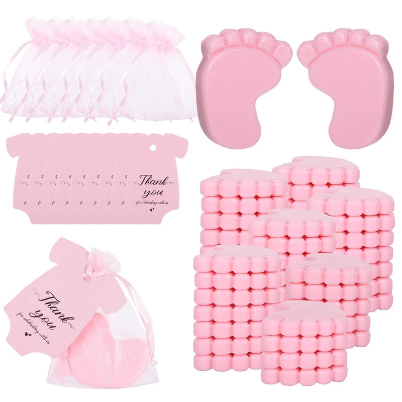 Yuuchoringee 60 Sets Baby Shower Favors,Baby Feet Scented Soap Party Favors for Guests Gifts,Scented Soap with Organza Bags and Thanks Tags,Wedding Return Gifts Gender Reveal Prizes Babys Shower Souvenirs (Pink) - Image 1