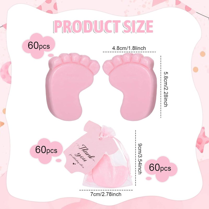 Yuuchoringee 60 Sets Baby Shower Favors,Baby Feet Scented Soap Party Favors for Guests Gifts,Scented Soap with Organza Bags and Thanks Tags,Wedding Return Gifts Gender Reveal Prizes Babys Shower Souvenirs (Pink) - Image 2