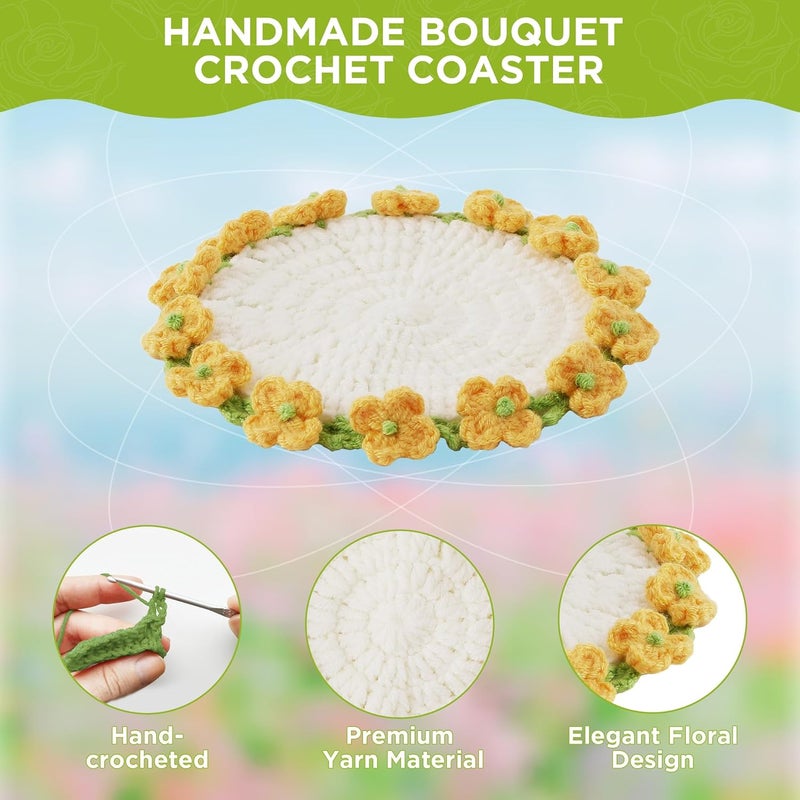 Vane Oak Flower Crochet Coasters, Handmade Bouquet Blanket Coaster with Crochet Plant Pot Fun Soft Decorative Drink Coasters for Coffee Table Tabletop Protection and Home Decor - Image 4