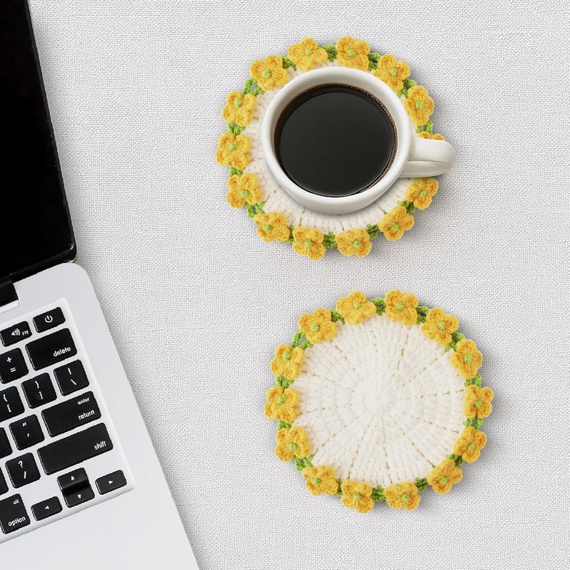 Vane Oak Flower Crochet Coasters, Handmade Bouquet Blanket Coaster with Crochet Plant Pot Fun Soft Decorative Drink Coasters for Coffee Table Tabletop Protection and Home Decor - Image 5