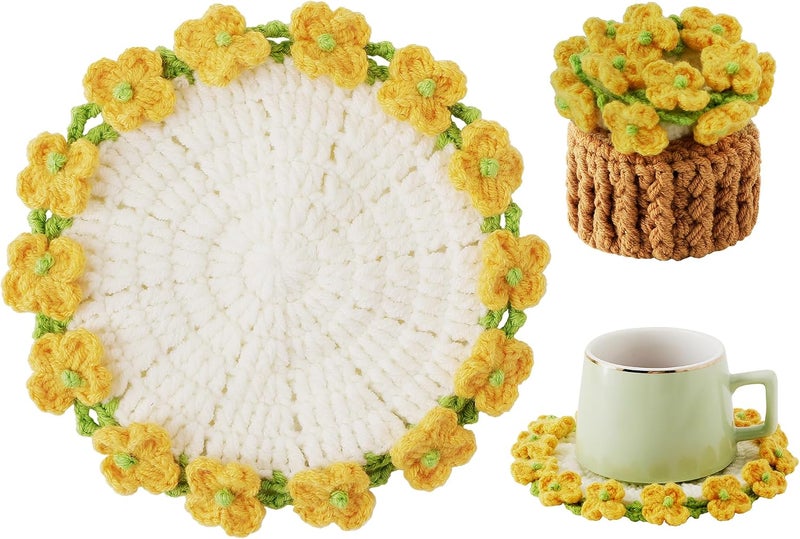 Vane Oak Flower Crochet Coasters, Handmade Bouquet Blanket Coaster with Crochet Plant Pot Fun Soft Decorative Drink Coasters for Coffee Table Tabletop Protection and Home Decor - Image 1