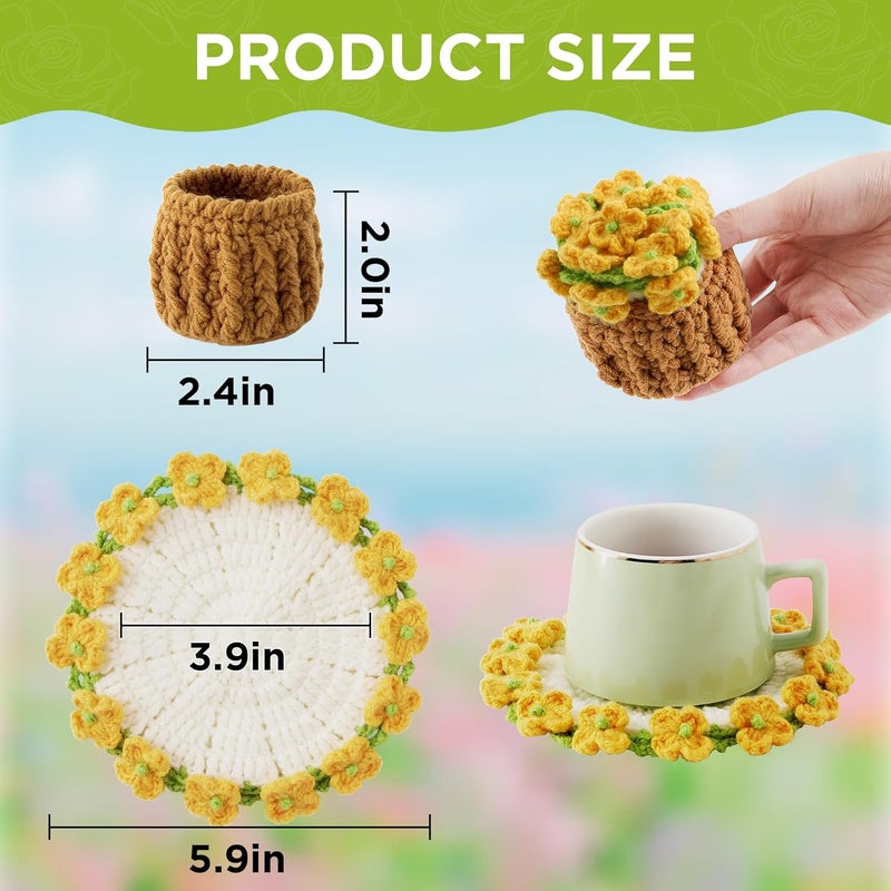 Vane Oak Flower Crochet Coasters, Handmade Bouquet Blanket Coaster with Crochet Plant Pot Fun Soft Decorative Drink Coasters for Coffee Table Tabletop Protection and Home Decor - Image 2