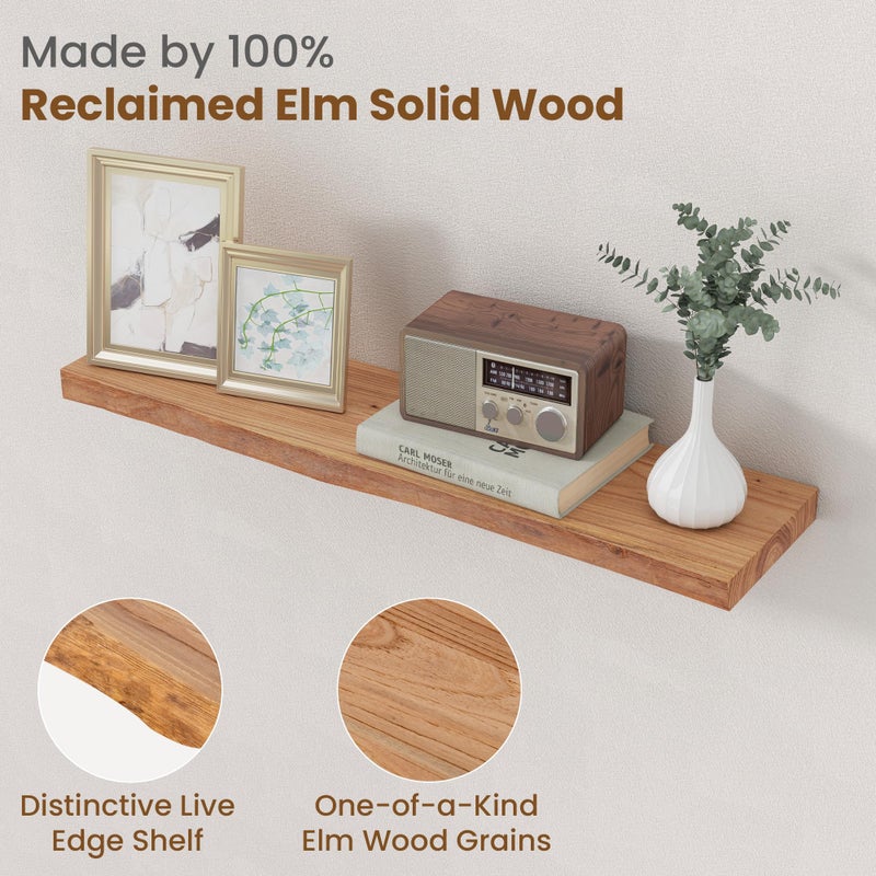 FLYJOE Floating Shelves for Wall Decor, Rustic Solid Elm Wood Live Edge Floating Shelves Wall Mounted, Wall Shelves with Invisible Bracket for Living Room Bathroom Bedroom Kitchen, 30 Inch Set of 2, Natural - Image 3