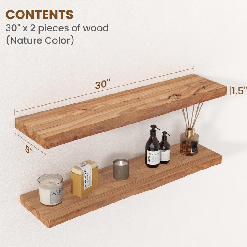 FLYJOE Floating Shelves for Wall Decor, Rustic Solid Elm Wood Live Edge Floating Shelves Wall Mounted, Wall Shelves with Invisible Bracket for Living Room Bathroom Bedroom Kitchen, 30 Inch Set of 2, Natural - Image 2