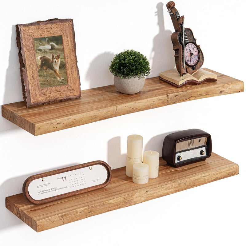 FLYJOE Floating Shelves for Wall Decor, Rustic Solid Elm Wood Live Edge Floating Shelves Wall Mounted, Wall Shelves with Invisible Bracket for Living Room Bathroom Bedroom Kitchen, 30 Inch Set of 2, Natural - Image 1