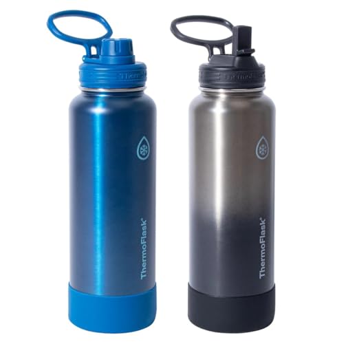 ThermoFlask Stainless Steel Water Bottle, 40 oz, 2-Pack (Silver/Blue Brushed) - Image 1