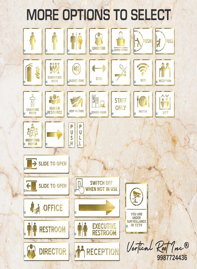 Vertical Root Inc MEN WOMEN Washroom Sign/Sticker.Premium Acrylic White Gold Restroom (Toilet) Signage.Easy Mount Self-Adhesive 3M Tape.For Office, Hotel, Hospital, Corporate, Bank & Commercial Spaces - Image 5