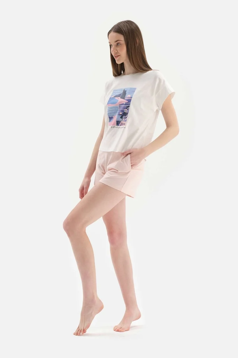 داجي White Bis Neck Printed Knitted Shorts Pajama Set