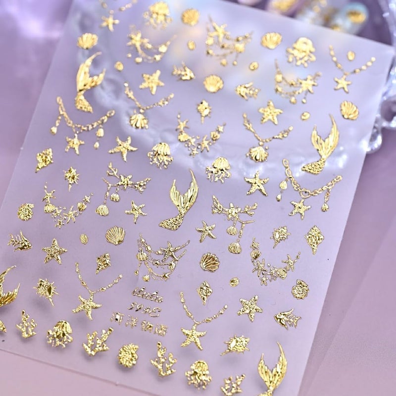 Sevgob Gold Nail Stickers for Nail Art Ocean 5D Embossed Mermaid Nail Decals Beach Starfish Nail Designs Metallic Self Adhesive Summer Stickers for Women DIY Manicure 1 Sheet - Image 5