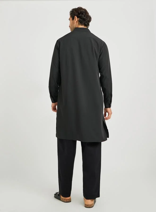 تايك تو ثوب رجالي أسود سادة بياقة واقفة وأكمام طويلة