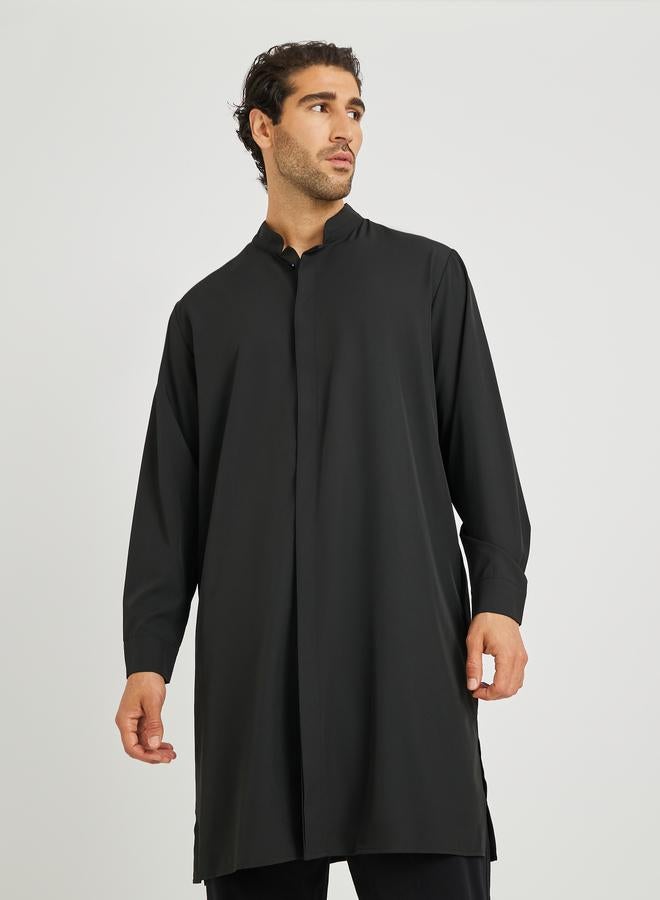 Take Two Take Two Men Black Solid Stand Collar Long Sleeve Thobe  - Image 1
