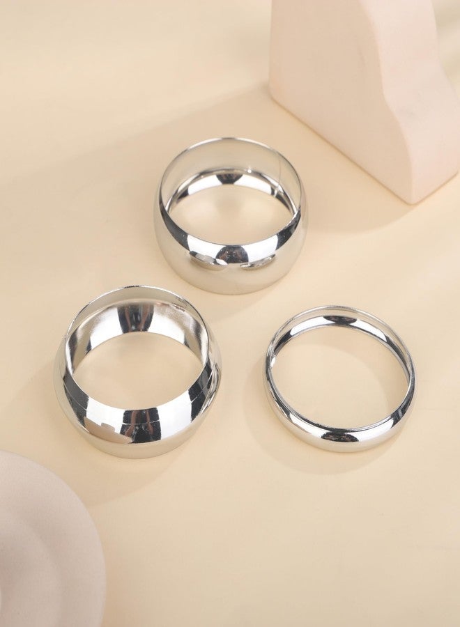 Chargances 3pcs Silver Chunky Bangle Bracelets Trendy Wide Statement Minimalist Cuff Set Fashion Wrist Bracelet Jewelry Accessories for Women (Silver) - Image 3