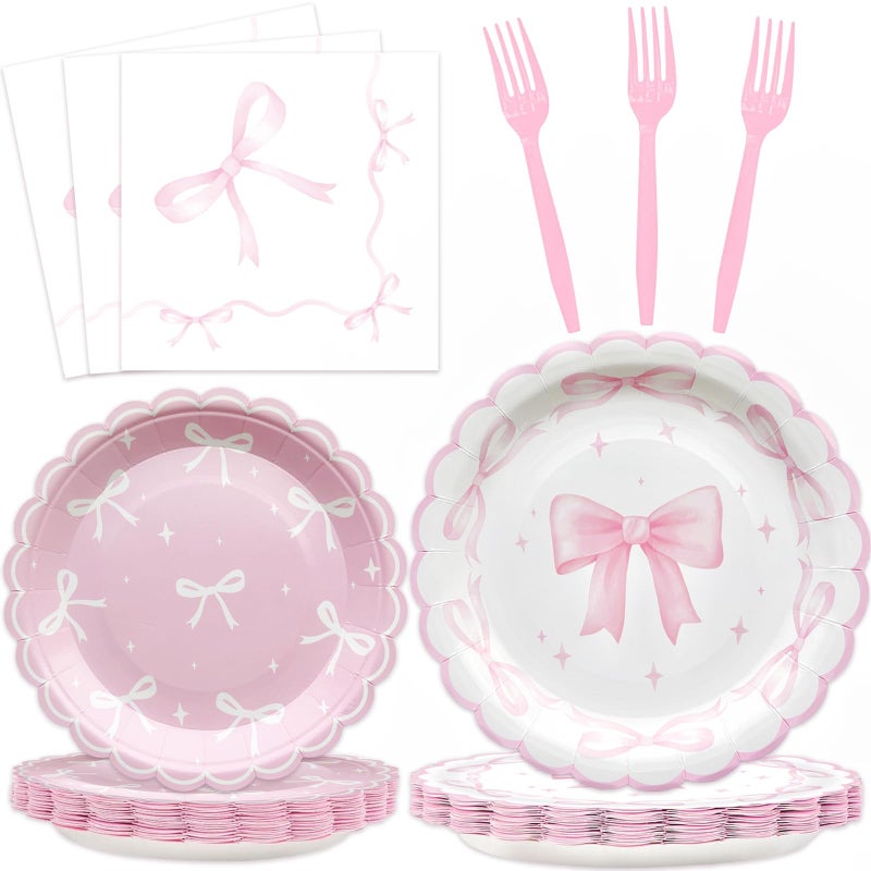 Koeilay 96Pcs Pink Bow Party Supplies Disposable Tableware Set for 24 Guests, Includes Pink Bow Plates, Napkins, Forks for Bachelorette, Bridal, Engagement, Baby Shower, Birthday Parties - Image 1