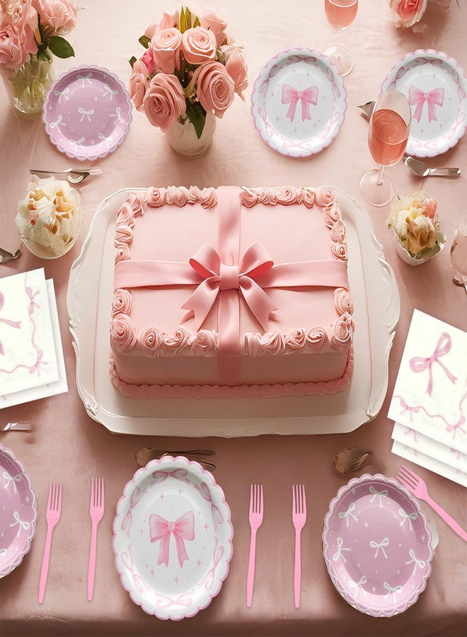 Koeilay 96Pcs Pink Bow Party Supplies Disposable Tableware Set for 24 Guests, Includes Pink Bow Plates, Napkins, Forks for Bachelorette, Bridal, Engagement, Baby Shower, Birthday Parties - Image 4