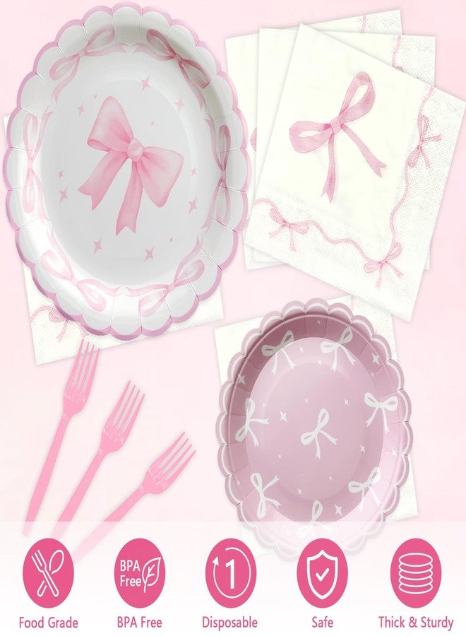 Koeilay 96Pcs Pink Bow Party Supplies Disposable Tableware Set for 24 Guests, Includes Pink Bow Plates, Napkins, Forks for Bachelorette, Bridal, Engagement, Baby Shower, Birthday Parties - Image 3