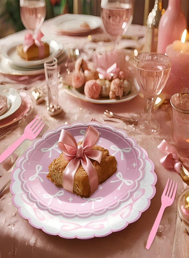 Koeilay 96Pcs Pink Bow Party Supplies Disposable Tableware Set for 24 Guests, Includes Pink Bow Plates, Napkins, Forks for Bachelorette, Bridal, Engagement, Baby Shower, Birthday Parties - Image 5