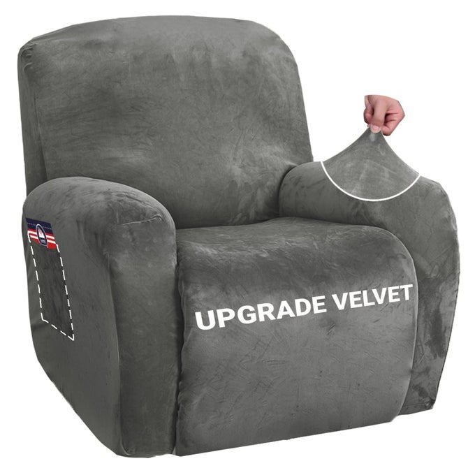 STRETCH VELVET RECLINER COVER 4PIECES THICK SOFT RECLINER CHAIR SLIPCOVER WITH POCKET NONSLIP ELASTIC BOTTOM FOR KIDS PETS LUXURY PLUSH RECLINING PROTECTOR COMFY WASHABLE GREY