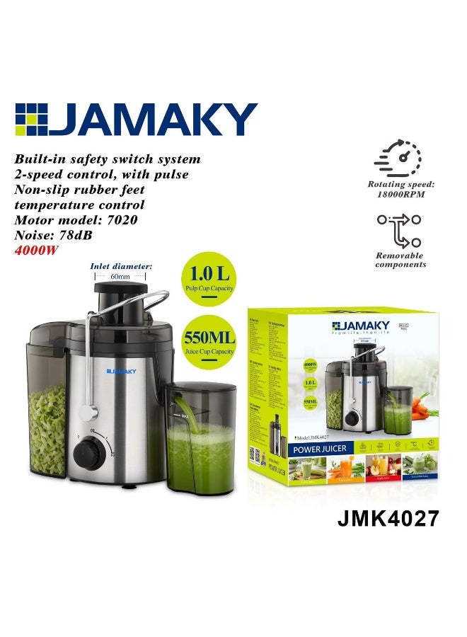 Jamaky Italy عصارة فواكه وخضروات كهربائية من جاماكي (JAMAKY) بقوة 4000 واط مع إبريق عصير 550 مل وعاء لب 1.0 ليتر - أنبوب تغذية 60 مم، سرعتان مع خاصية النبض، وقواعد تثبيت مطاطية - موديل JMK4027-فضي - Image 2